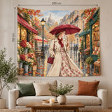 Wall Tasperty Rainy Autumn Stroll in Paris – wall tapestry 150×200 cm above a sofa – تابلوه قماش باريس في الخريف – ECADRA
