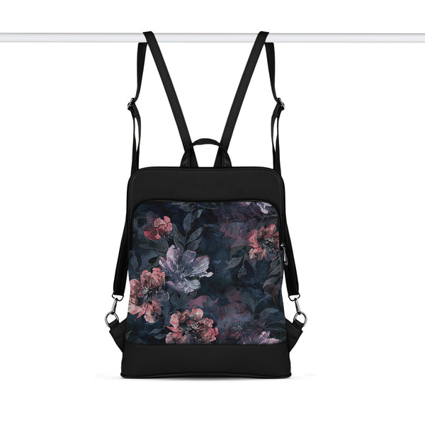Black Laptop Backpack Moon Flower – front Moon Flower print, pink and lilac watercolor flowers on midnight navy – ECADRA