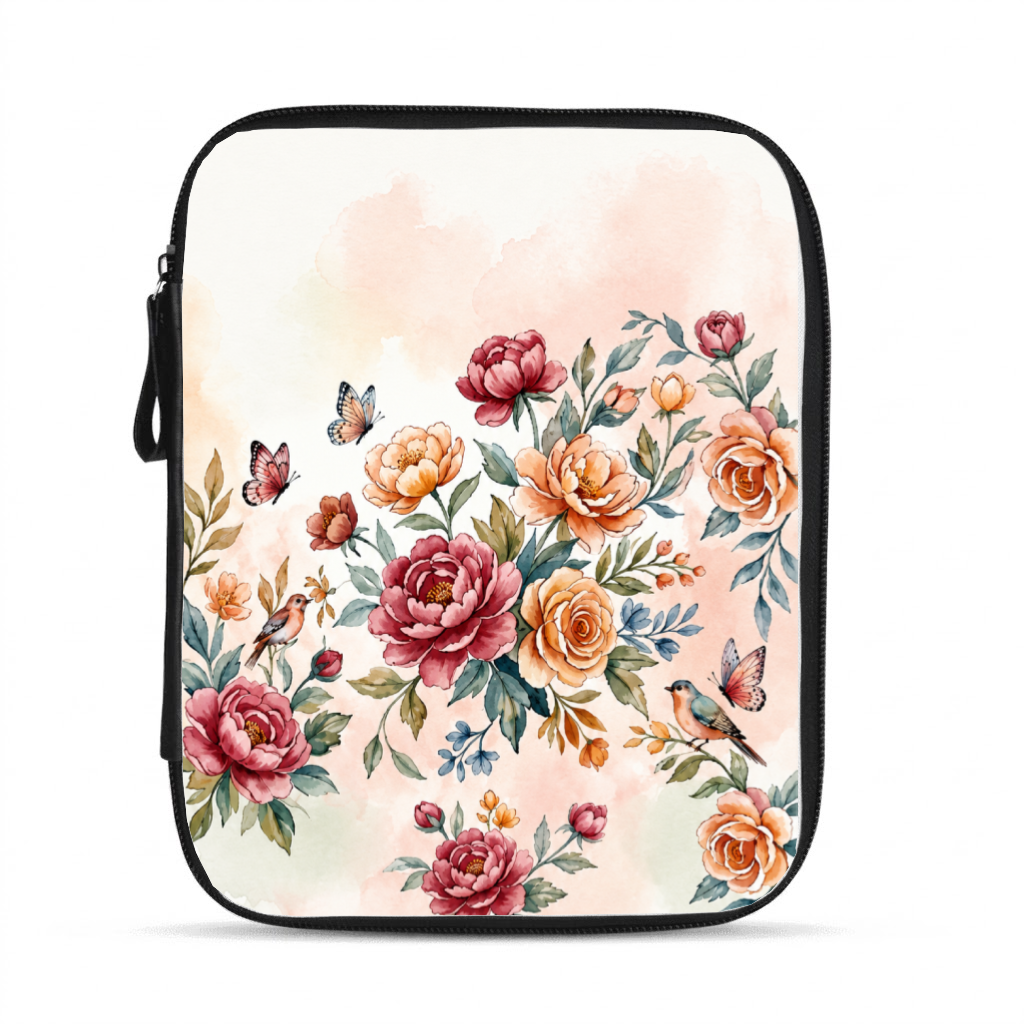 Tablet Sleeve - Peach Watercolor Floral and Bird Print