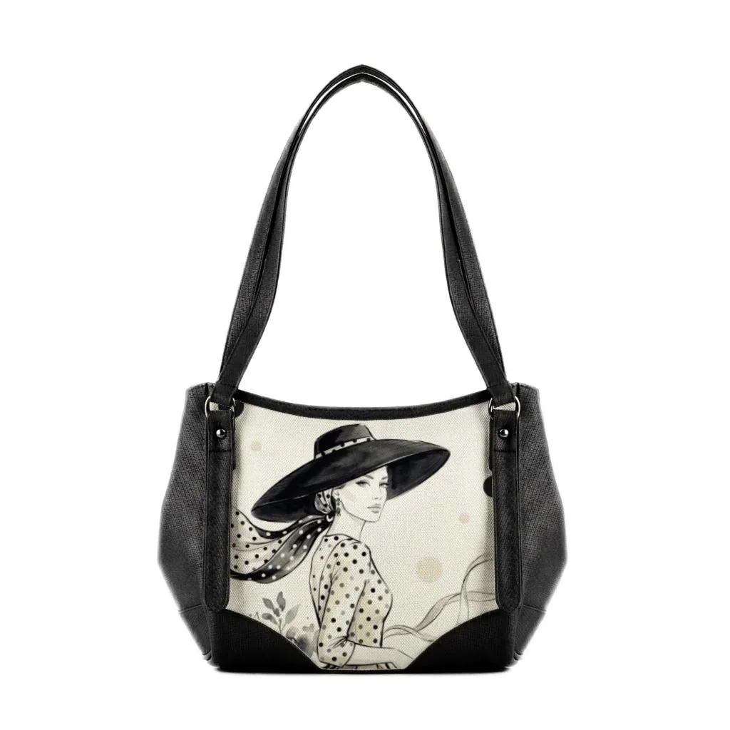 Black Leather Tote Bag Luxury Black and Ivory Polka Dot - 1