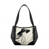 Black Leather Tote Bag Luxury Black and Ivory Polka Dot - 1