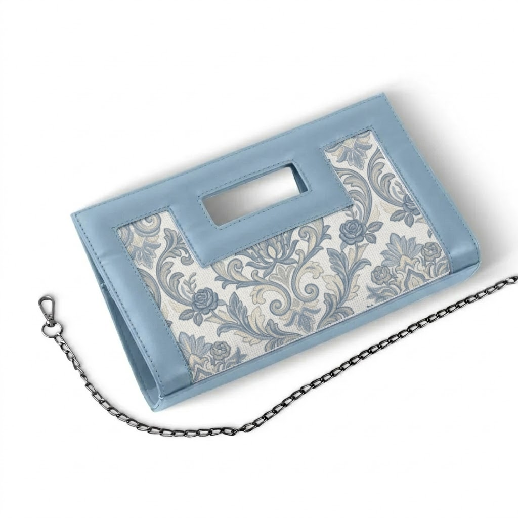 Blue City Sleek Clutch Dusty Blue Damask Floral Pattern - 1