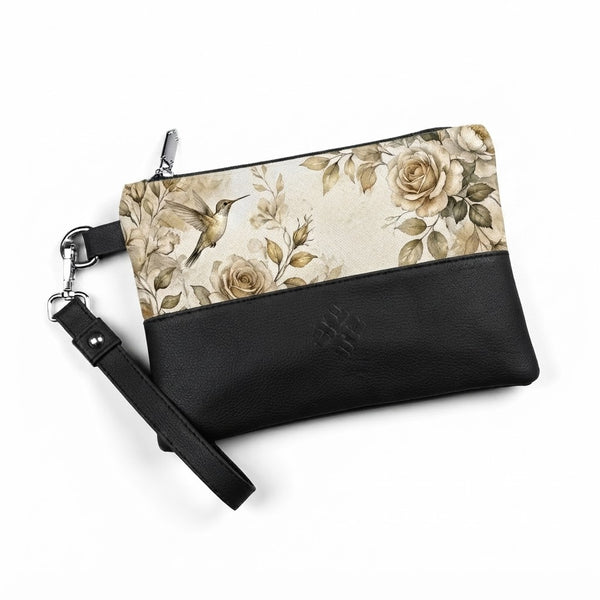 Black Toiletry Pouch Soft Floral Aesthetic Vintage Watercolor Hummingbird Pattern
