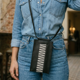 Black Minimalist Stitch Zigzag Phone Crossbody Bag – Hands-Free & Bold