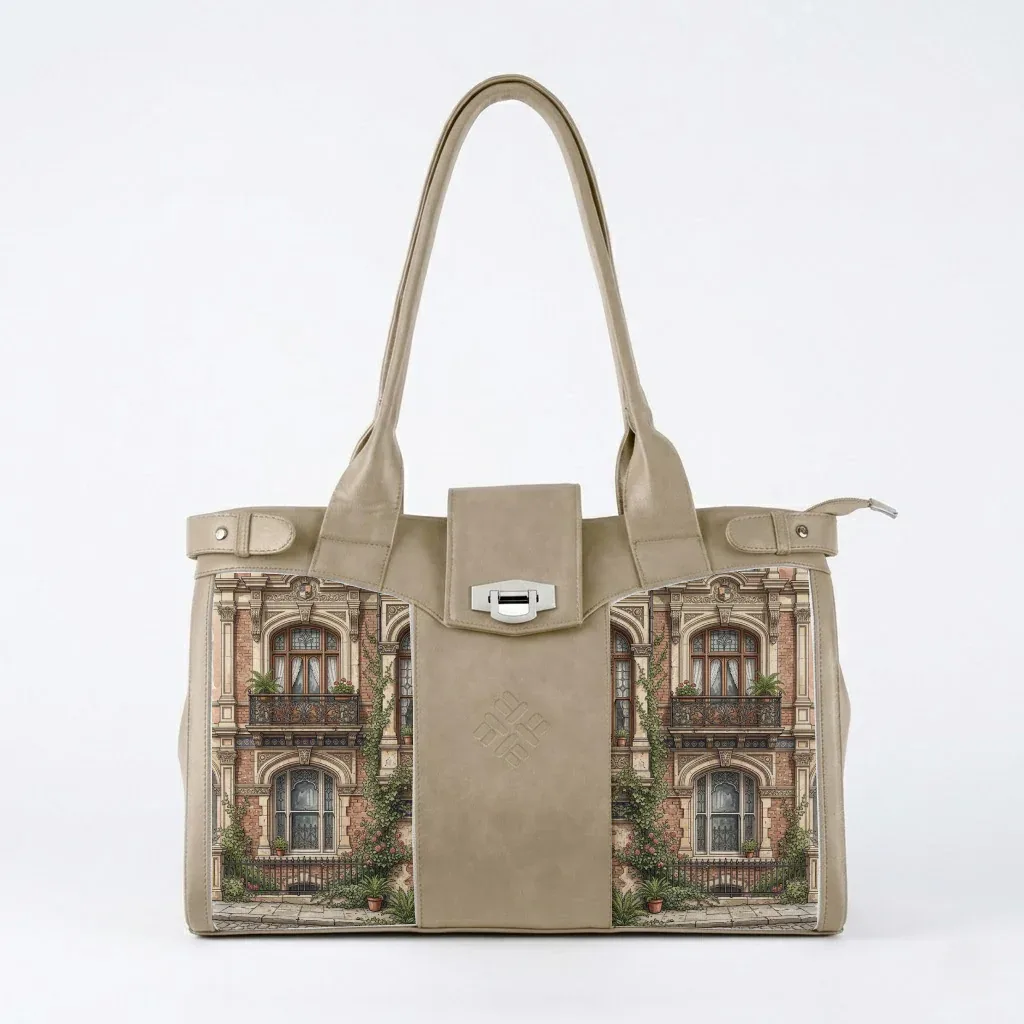 Beige Double Handle Large Bag Classic Townhouse Architectural Aesthetic - 1