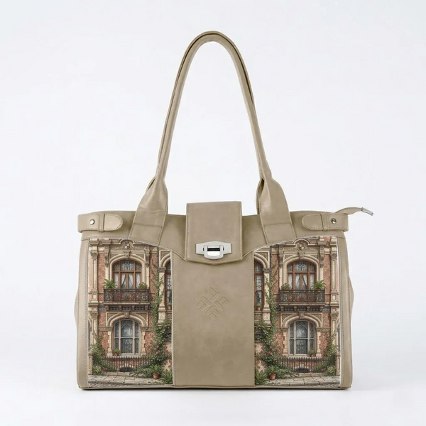Beige Double Handle Large Bag Classic Townhouse Architectural Aesthetic - 1
