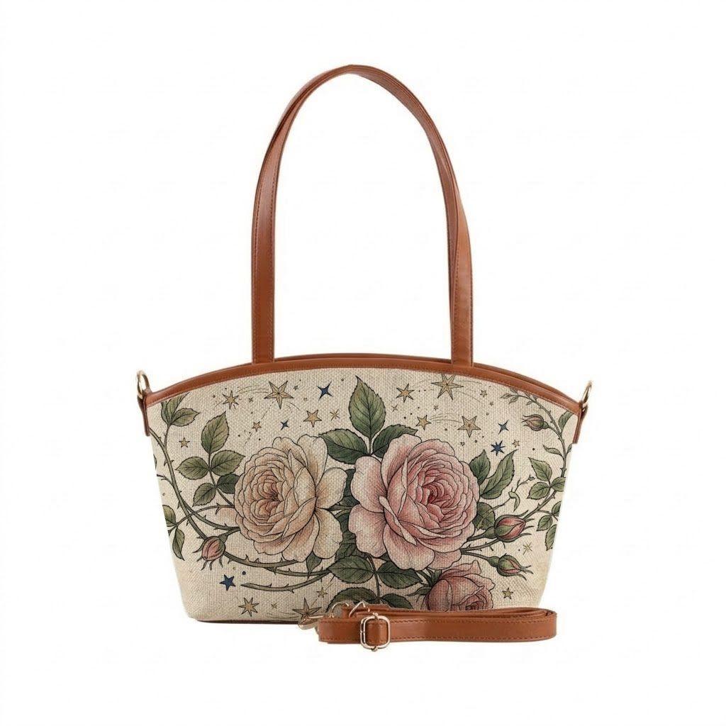 Wide Tote Bag Vintage Enchanted Garden with Celestial Star