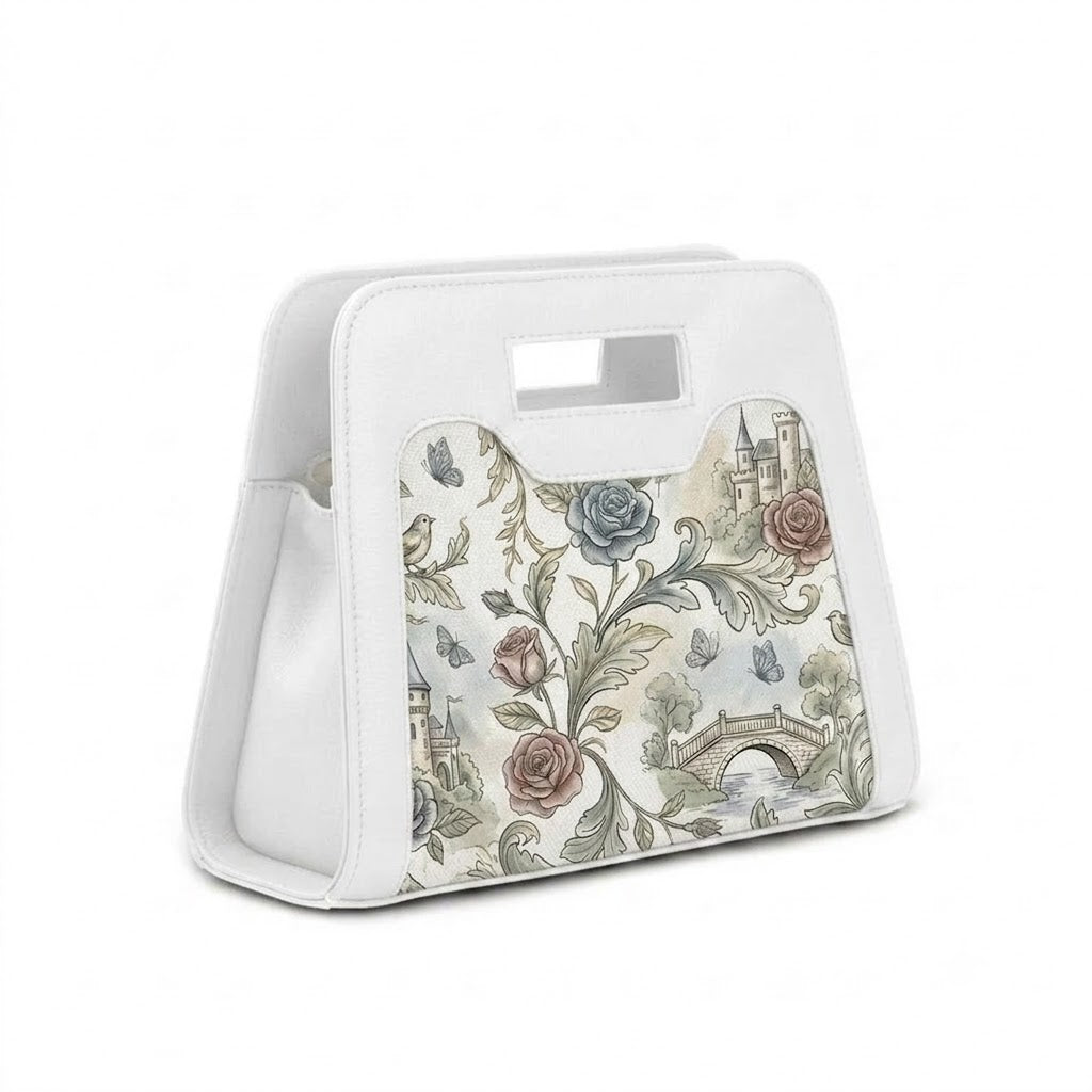 White Chic Peek Handbag Vintage Castle Floral Neoprene