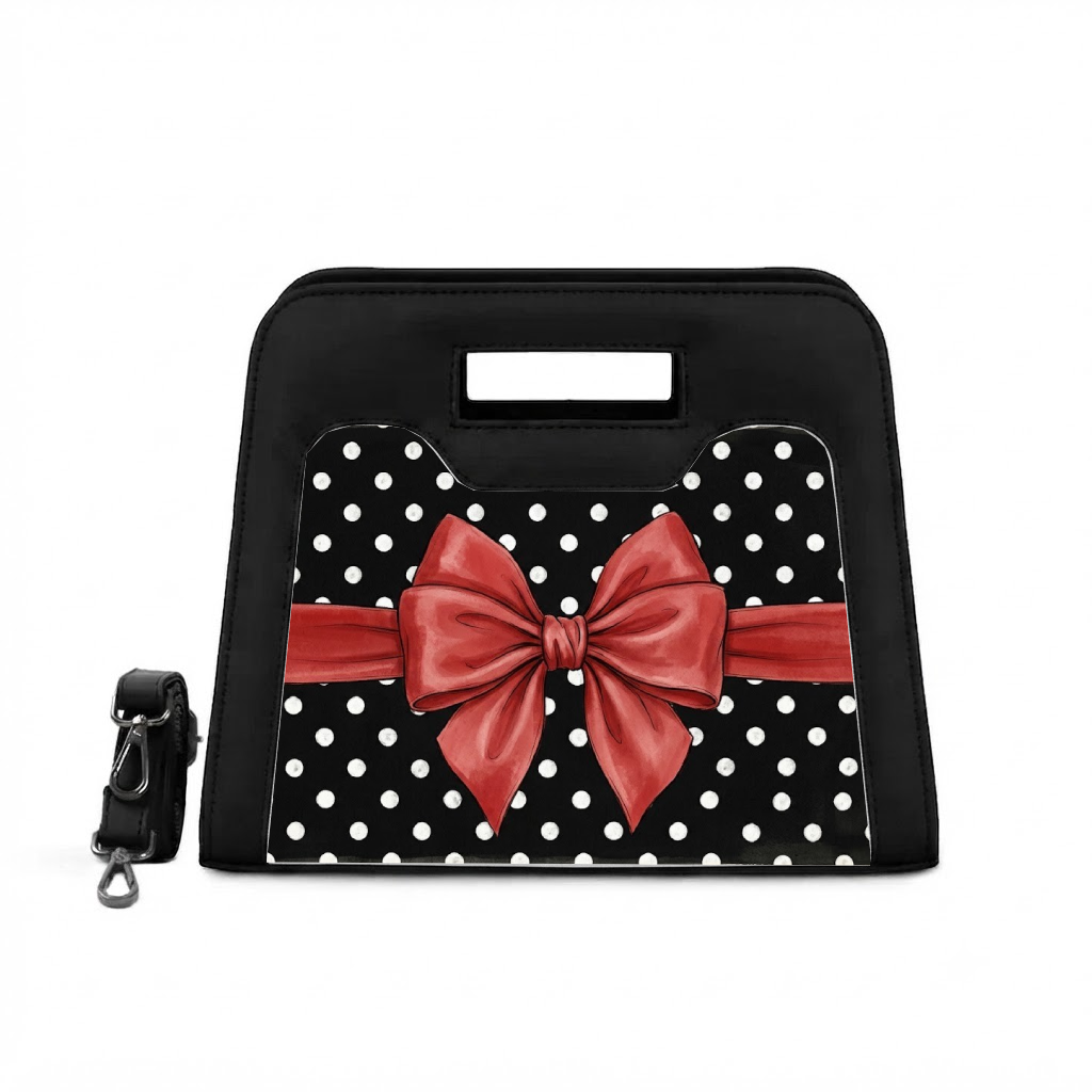 Black Chic Peek Handbag Polka Dot Red Bow