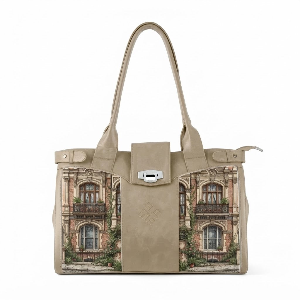 Beige Double Handle Large Bag Classic Townhouse Architectural Aesthetic