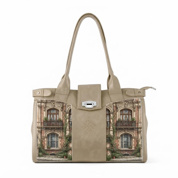 Beige Double Handle Large Bag Classic Townhouse Architectural Aesthetic