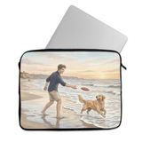 Laptop Sleeve A Young Man And His Happy Dog Playing With Frisbee Sunset Beach