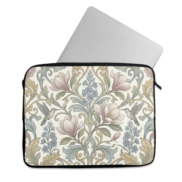 Laptop sleeve with vintage Art Nouveau hummingbird and floral magnolia print, black zipper closure