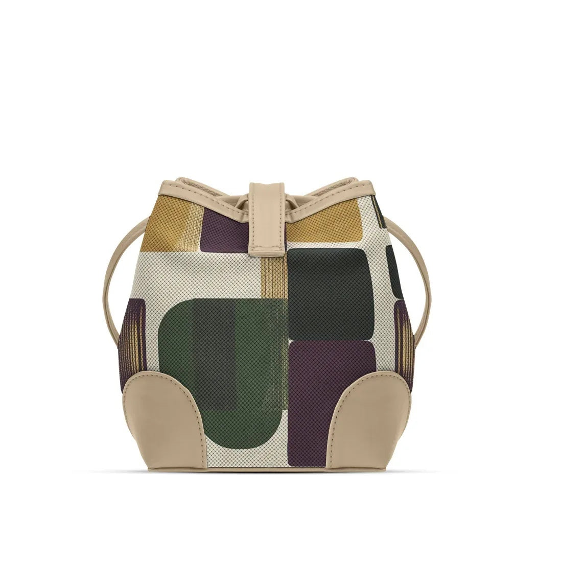 Beige Bucket Bag with Retro Geometric Blocks - 2