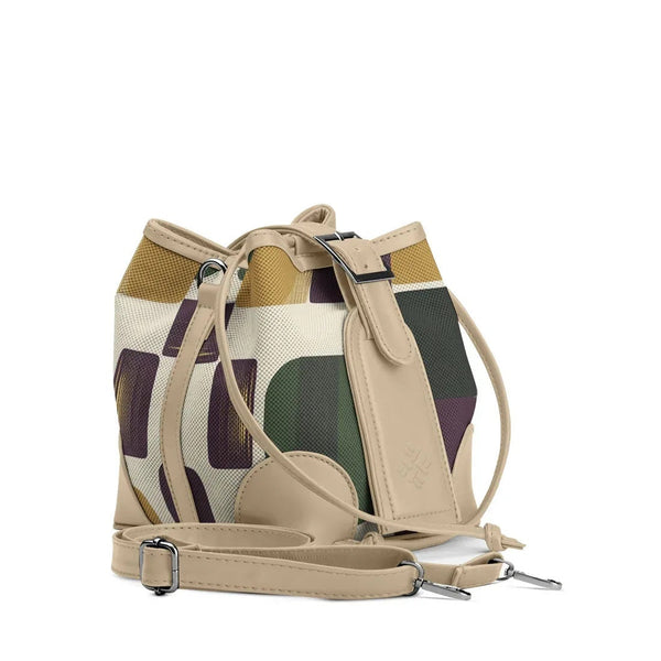 Beige Bucket Bag with Retro Geometric Blocks - 1