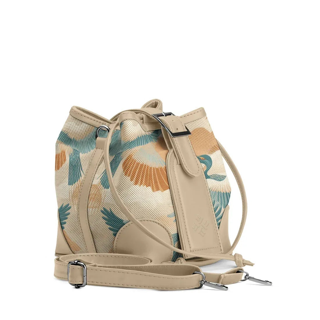 Beige Bucket Bag Featuring Elegant Crane Flight - 1