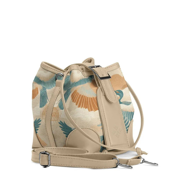 Beige Bucket Bag Featuring Elegant Crane Flight - 1