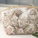 Close-up of beige tote bag showing Victorian garden girl with parasol amid roses and butterflies