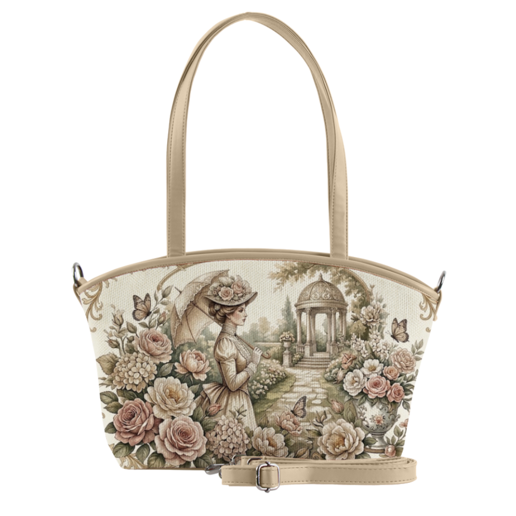 Beige Wide Tote Bag Vintage Cottagecore Garden Girl Floral