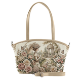 Beige Wide Tote Bag Vintage Cottagecore Garden Girl Floral