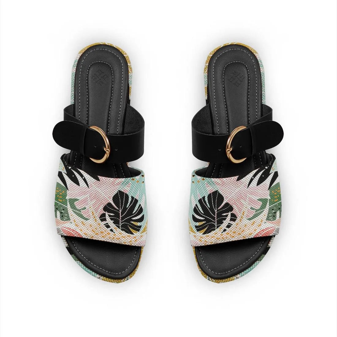 Black Buckle Slide Slipper Leaf
