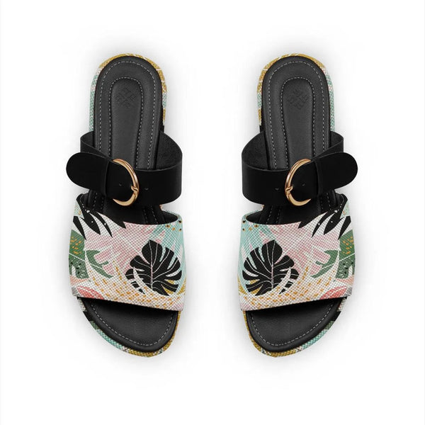 Black Buckle Slide Slipper Leaf