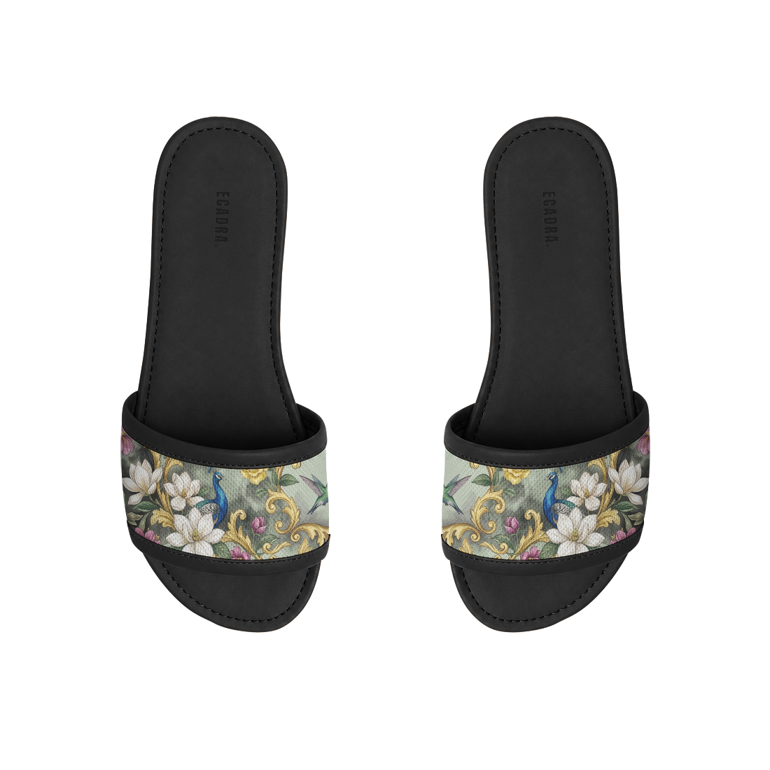 Pair of ECADRA Black Drift Slides with a canvas strap featuring a majestic peacock, hummingbird, and baroque floral print.