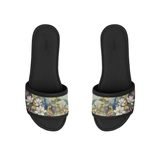 Pair of ECADRA Black Drift Slides with a canvas strap featuring a majestic peacock, hummingbird, and baroque floral print.