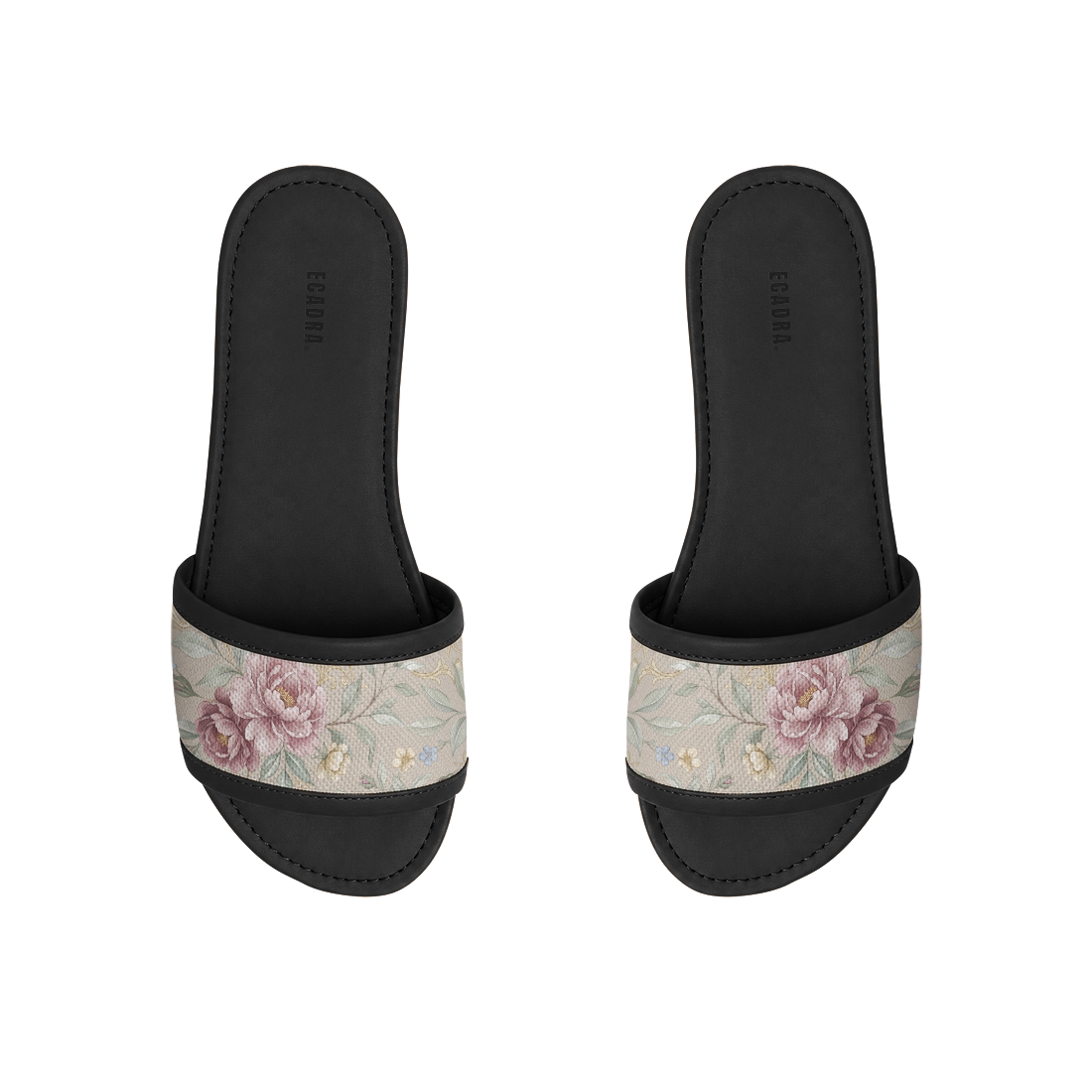Pair of ECADRA Black Drift Slides featuring a canvas strap with a vintage taupe, pink, and mauve rose floral botanical print.