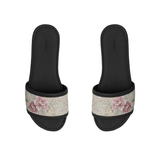 Pair of ECADRA Black Drift Slides featuring a canvas strap with a vintage taupe, pink, and mauve rose floral botanical print.