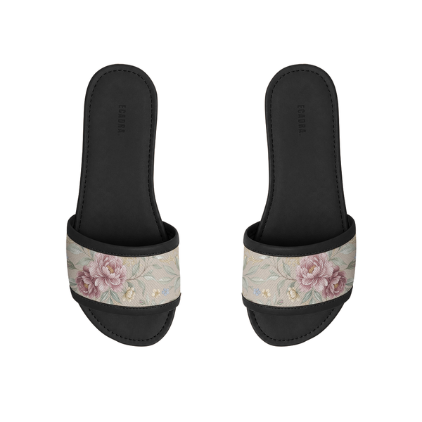 Pair of ECADRA Black Drift Slides featuring a canvas strap with a vintage taupe, pink, and mauve rose floral botanical print.