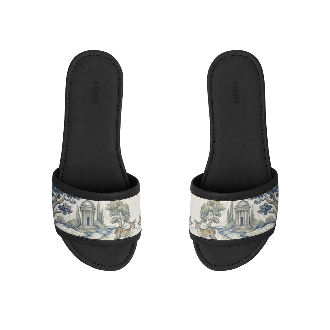 Pair of ECADRA Black Drift Slides featuring a canvas strap with a vintage woodland toile landscape and deer print.