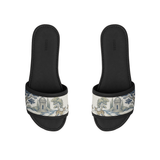 Pair of ECADRA Black Drift Slides featuring a canvas strap with a vintage woodland toile landscape and deer print.