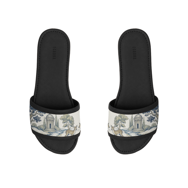 Pair of ECADRA Black Drift Slides featuring a canvas strap with a vintage woodland toile landscape and deer print.