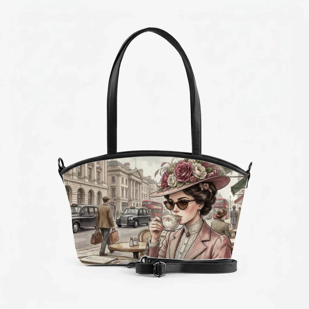 Black Wide Tote Bag Vintage London Tea Time Soft Floral Aesthetic Lady - 1