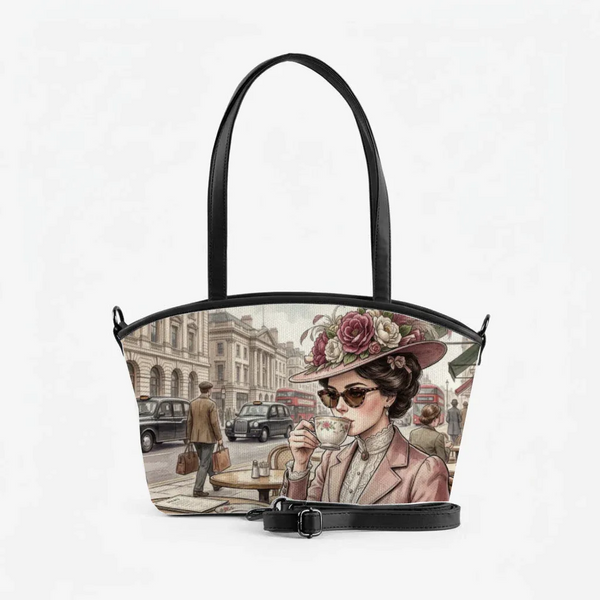 Black Wide Tote Bag Vintage London Tea Time Soft Floral Aesthetic Lady - 1