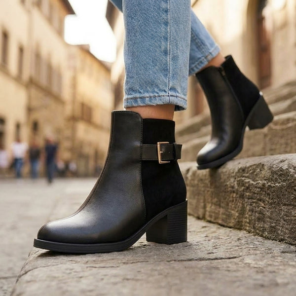 Model stepping on stone stairs demonstrating classic black block heel ankle boots with gold buckle hardware.