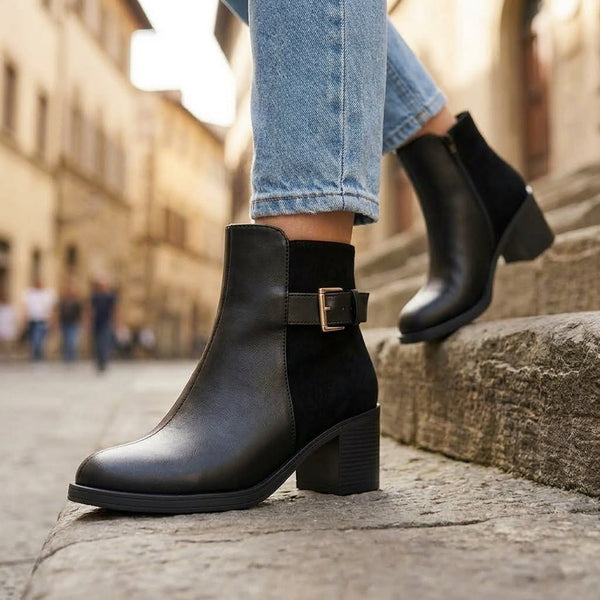 Model stepping on stone stairs demonstrating classic black block heel ankle boots with gold buckle hardware.