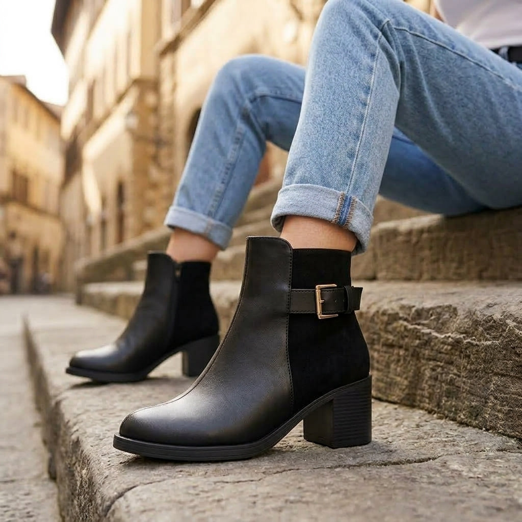 Low-angle shot of woman sitting on outdoor stone steps wearing classic black block heel ankle boots with gold side buckle and blue jeans.