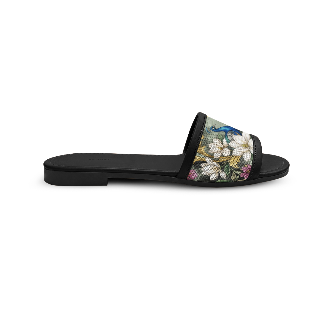 Black Drift Slides Peacock and Baroque Floral Print