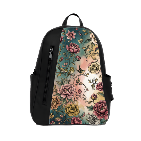black mixed backpack featuring a vintage floral and bird illustration with teal and peach watercolor tones.