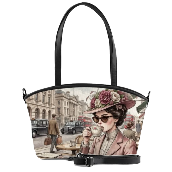 Black wide tote bag with vintage London street scene, lady in floral hat sipping tea