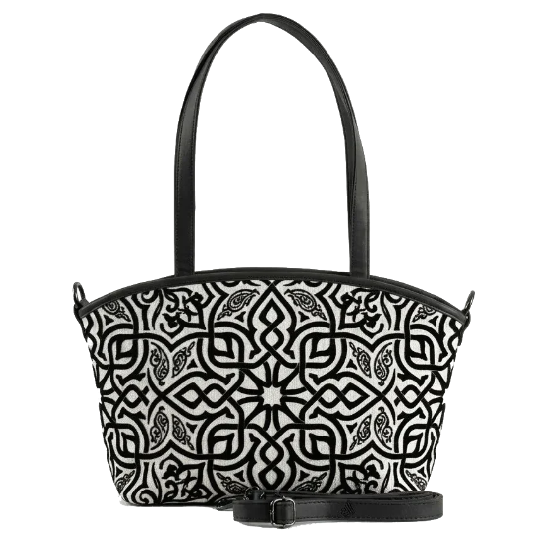 Wide tote bag with black and white geometric Moroccan-style pattern, black leather trim