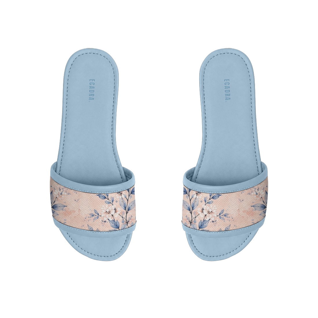 Pair of light blue ECADRA Blue Drift Slides featuring a canvas strap with a delicate white and blue botanical floral print.