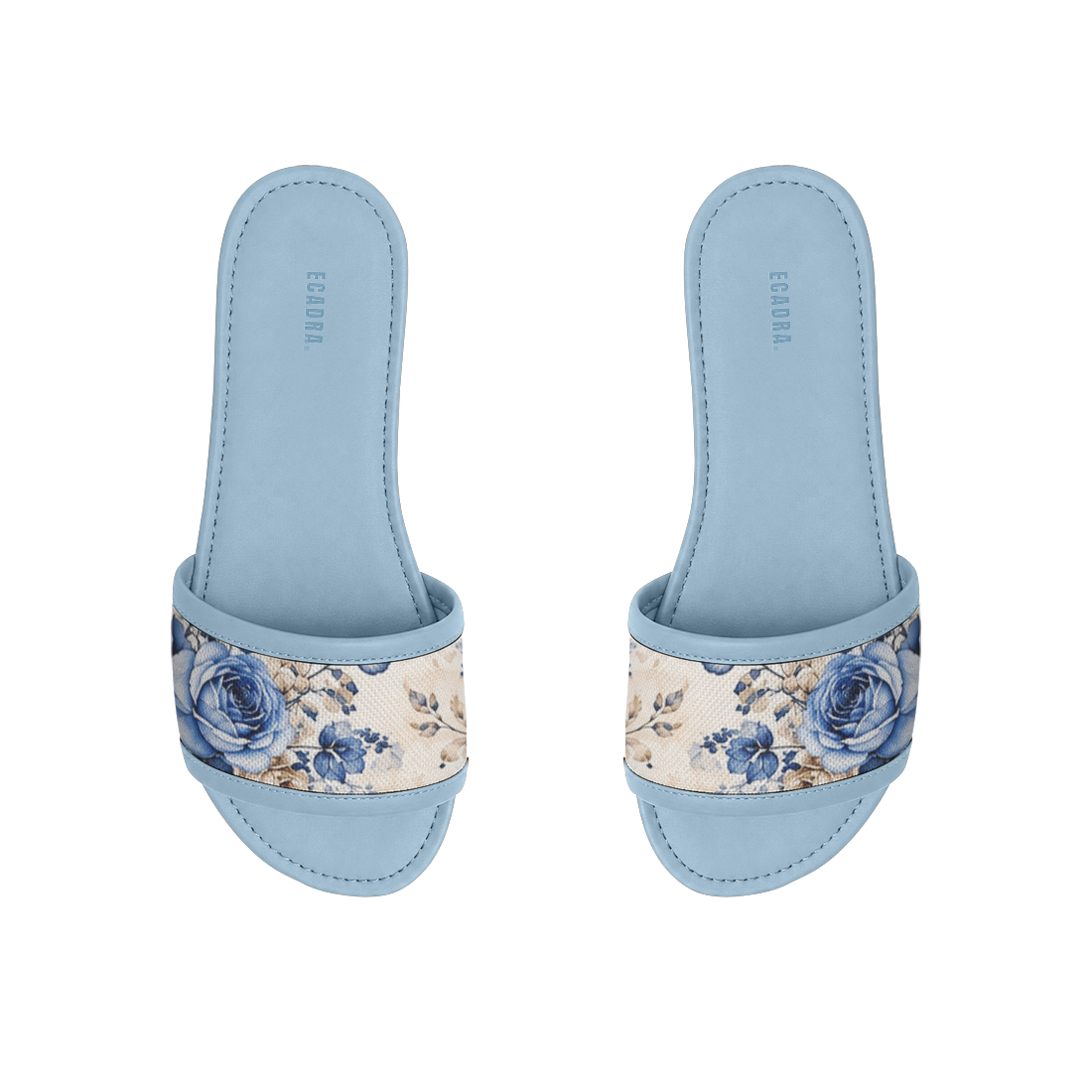 Pair of light blue ECADRA Blue Drift Slides featuring a canvas strap with a vintage blue rose and botanical floral print.