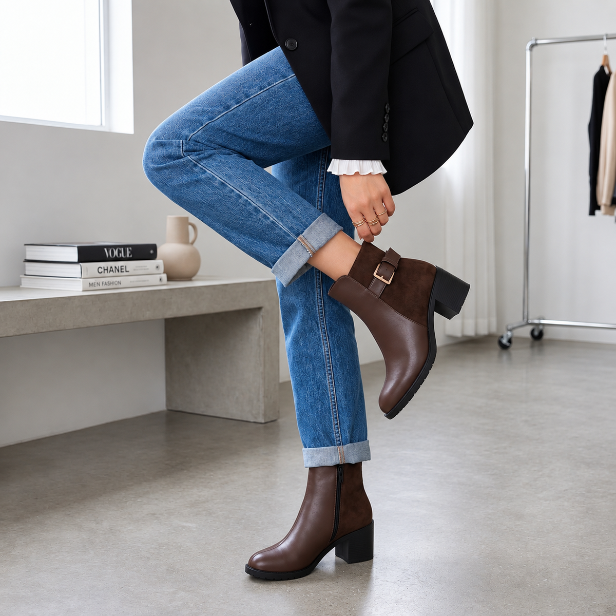 Model lifting leg to display side view of dark brown chocolate ankle boot with gold buckle and suede panel.