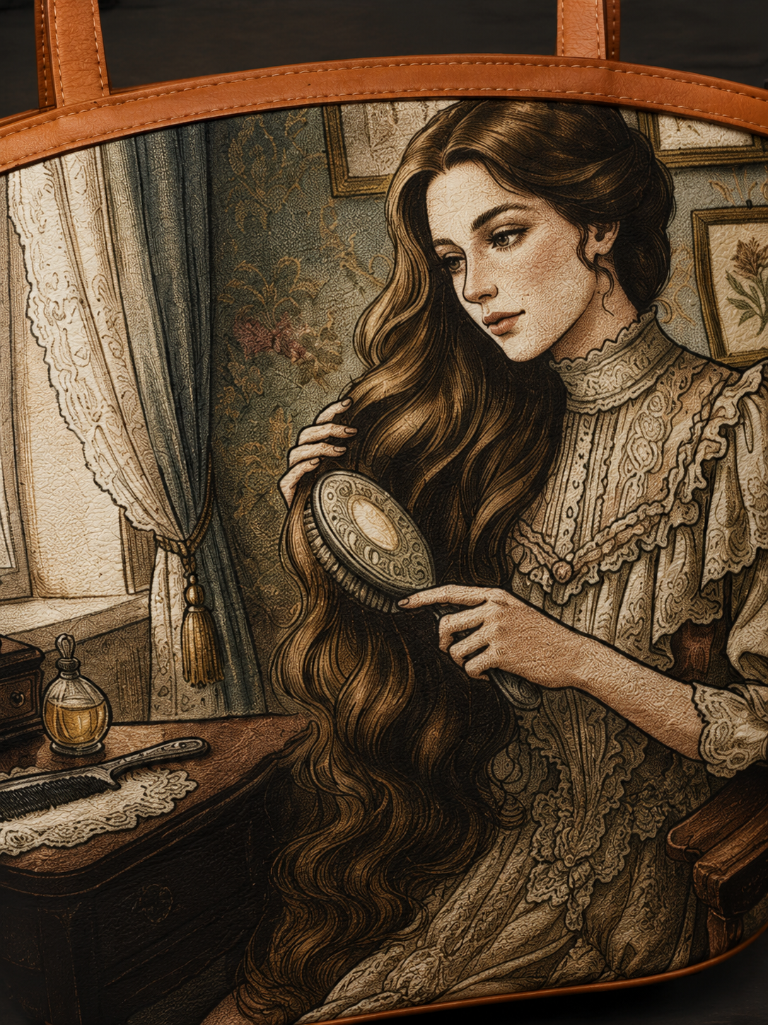Close-up of Victorian lady brushing long hair at vanity, printed on wide tote bag panel