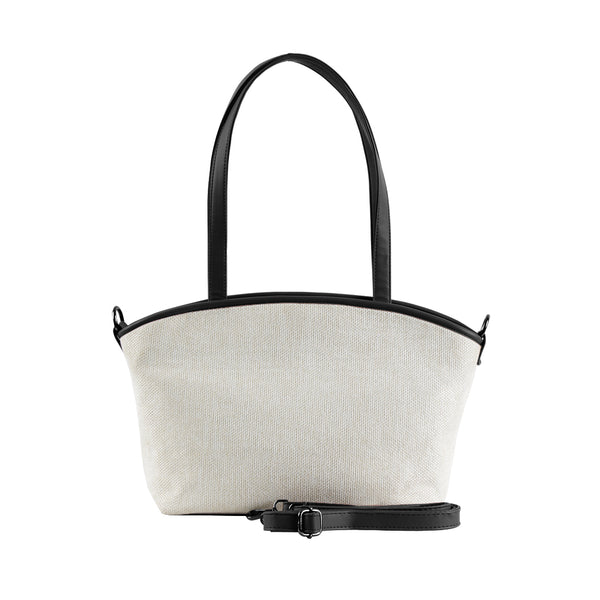 Handbag with beige body and brown handle and strap on a white  | background| ECADRA