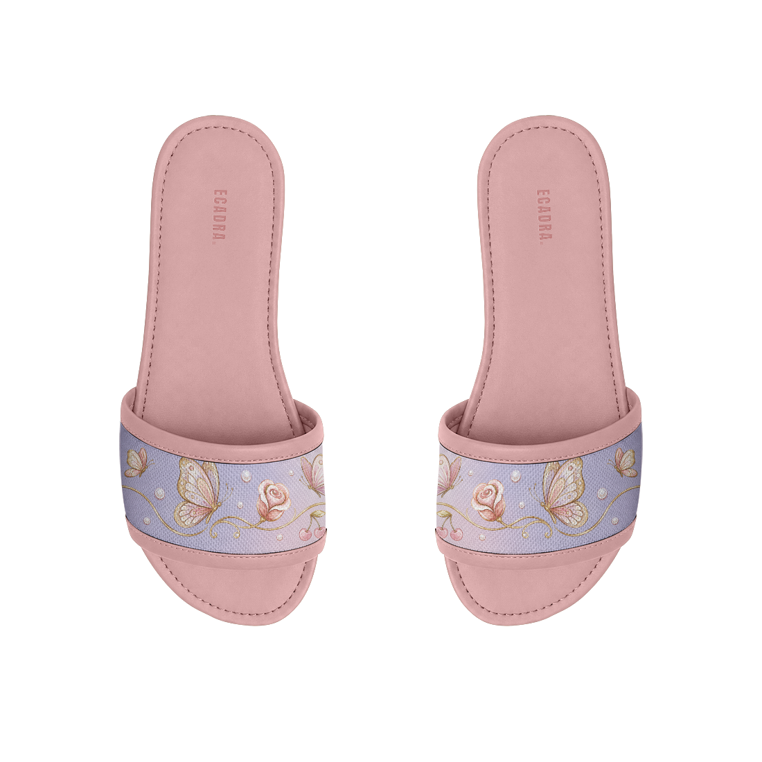 Pair of pink ECADRA Rose Drift Slides with a lavender canvas strap featuring a delicate butterfly, rose, and cherry print.