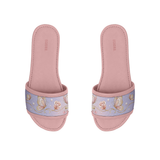Pair of pink ECADRA Rose Drift Slides with a lavender canvas strap featuring a delicate butterfly, rose, and cherry print.